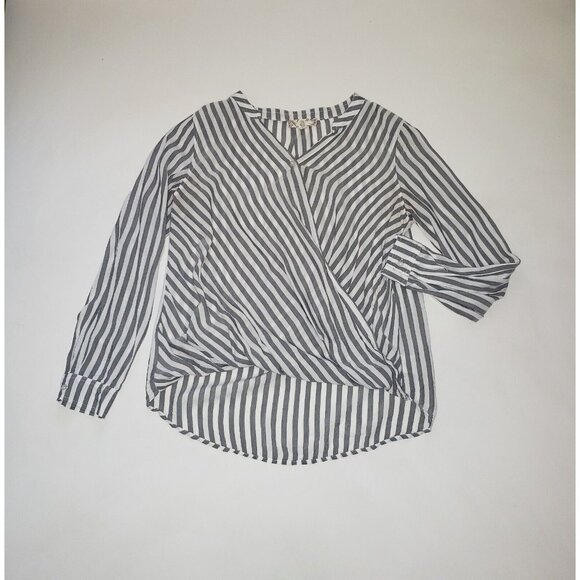 Pink Rose Blouse Womens Size Medium Grey Stripe Surplice Citycore Light Academia - Picture 3 of 16